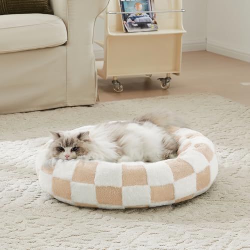Ohocut Checkered Cat Dog Bed, Cute Beige Khaki Retro Style Aesthetic Round by Ohocut