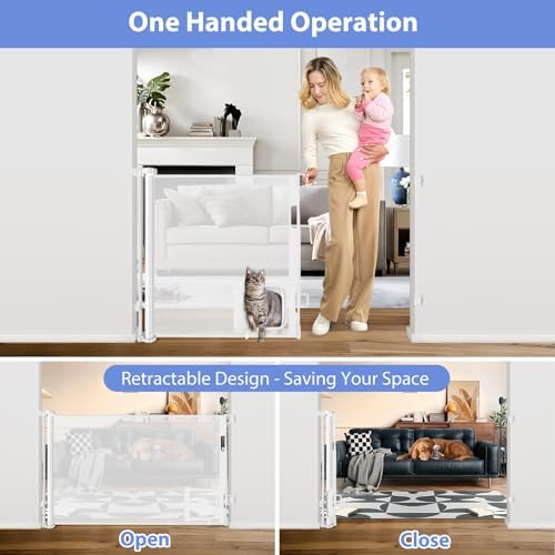 Retractable Baby Gates with Cat Door 80" Wide Retractable Dog Gate with Pet - Image 4