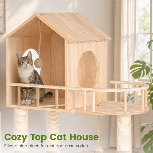 58-Inch Solid Wood Cat Tree for Indoor Cats, Tall Cat Tower, Double Tunnels - Image 5