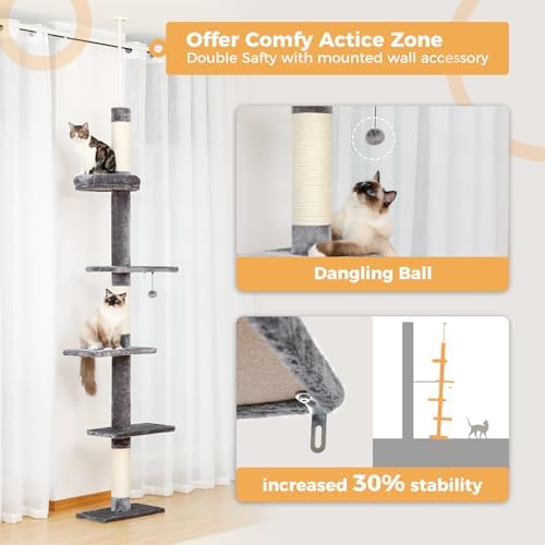 PETEPELA 5-Tier Floor to Ceiling Cat Tree, 95-107In Tall Cat Tower Grey - Image 5