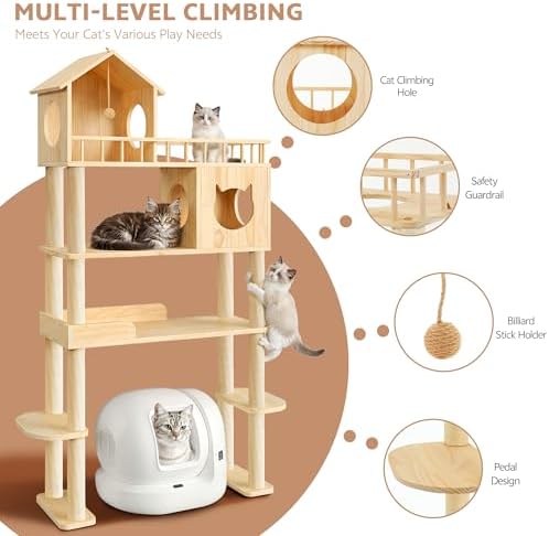 Wood Cat Tree for Automatic Litter Box, 5 Tier Cat Tower, 74 Inch - Image 3