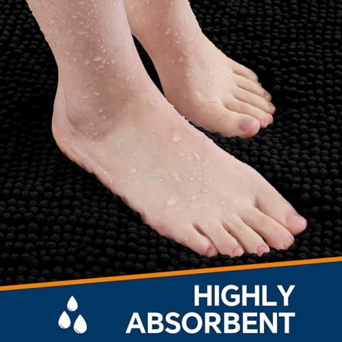 Chenille Bathroom Runner Rug 17"x47" Black, Plush Bath Mat - Image 4