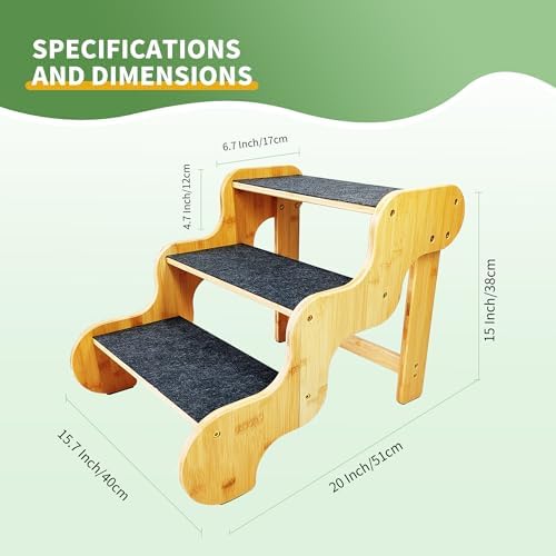 Dog Stairs for Small Dogs, 3-Step Bamboo Pet Steps Ramp for Bed and Car - Image 3