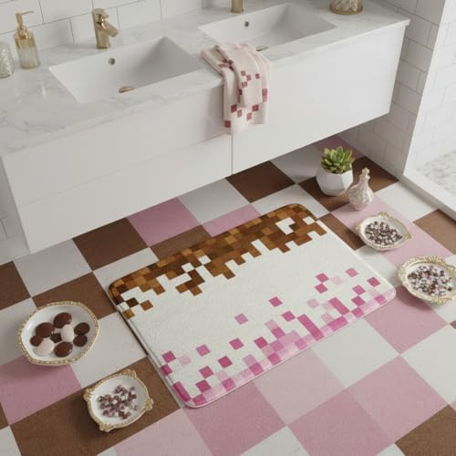 Pixelated Theme Bathroom Rug, Geometric Grid Non Slip Bath Mat - Image 2
