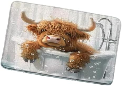 Funny Highland Cow Bath Mat Fun Animals in Bathtub Brown Calf Cute Cattle by ZZYSKS