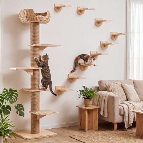 SiliFine Cat Wall Stairs Climbing Steps, Natural Wood Color - Image 6