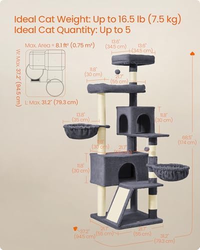 Feandrea Cat Tree, 68.5-in Tall Cat Tower, Dark Gray - Image 5