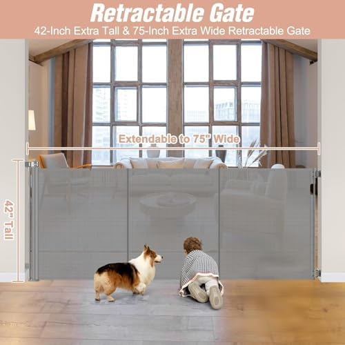 Reinforced 42" Tall Pet Gate 75" Wide Retractable Baby Gates Indoor/Outdoor - Image 3