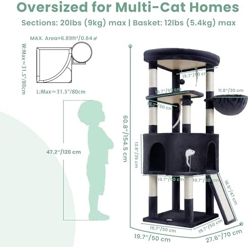 Cat Tree, 61 Inch Tall Cat Tower, Diamond-Shaped Cat Cave VCT001G - Image 6