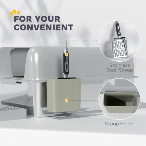 PawHut Stainless Steel Litter Box Easy Clean High Sided Scoop Light Gray - Image 6
