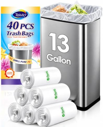 Teivio Tall Kitchen Clear Trash Bags 13 Gallon 40 Count Garbage Bags by Teivio