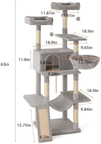 Multi-Level Cat Tree for Large Cats, 63 Inches Heavy Duty Cat Tree for Indoor - Image 3