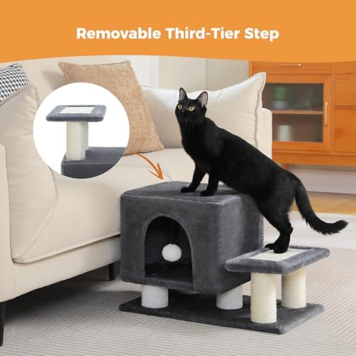 3-in-1 Cat Stairs with Scratching Post & Condo, Pet Steps, Dark Grey - Image 6
