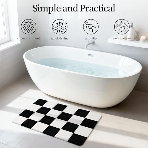 THMINS Black and White Checkered Stone Bath Mat - Image 3