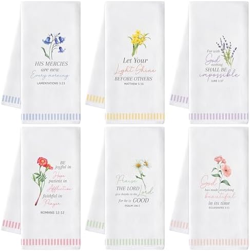 Bible Verse Floral Hand Towels, 6 Pack Christian Kitchen Dish Towels Set by GROBRO7