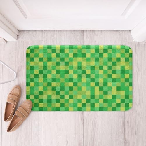 Pixelated Grid Bath Rug, Miners Lattice Games Shaggy Absorbent Non Slip Floor - Image 3