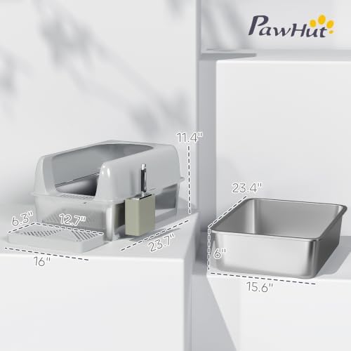 PawHut Stainless Steel Litter Box Easy Clean High Sided Scoop Light Gray - Image 7