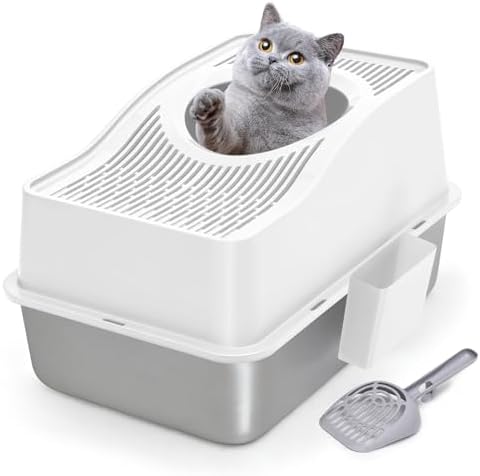 Top Entry Cat Litter Box with Lid, Stainless Steel Enclosed Cat Kitty Litterbox by Kettnjoy