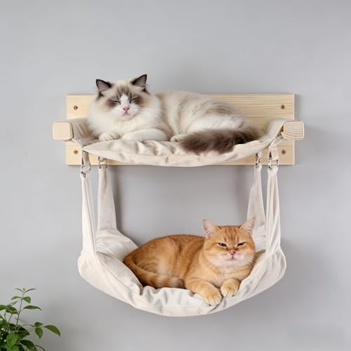 Beige Wall Mounted Cat Double Hammock & 3 Steps, Pine Climbing Shelf & Perch Set - Image 3