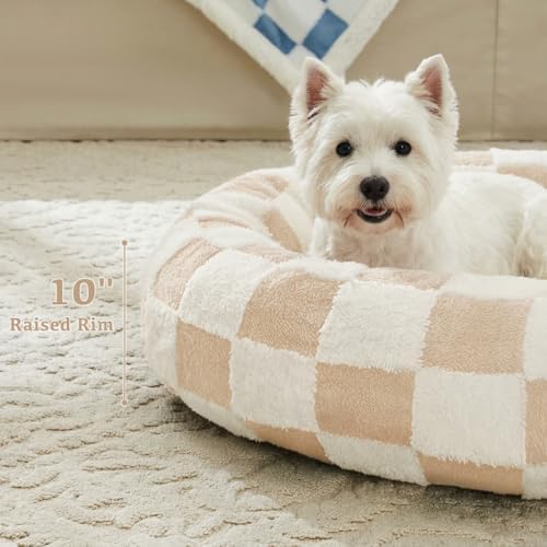 Ohocut Checkered Dog Bed, Cute Beige Khaki Retro Style Aesthetic Round Warming - Image 3