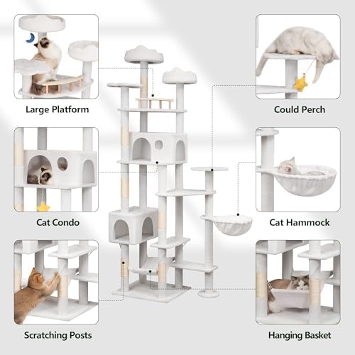 Meecal 79in Large White Cat Tree, Scratching Post, Condos & Hammocks - Image 2