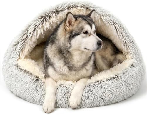 ShinHye Round Plush Fluffy Hooded Cat Bed Cave, Cozy by ShinHye