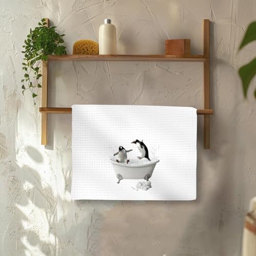 Funny Penguin Hand Towels Set of 2, Funny Penguins Take a Bath Hand Towels - Image 4