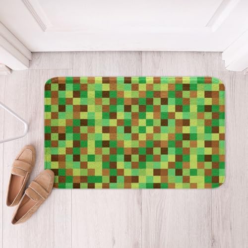 Pixelated Grid Bath Rug, Geometric Camo Blocks Shaggy Absorbent Non Slip Floor - Image 3