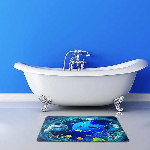Navy Blue Non Slip Bath Tub Mat Ocean Shower Mat Non-Slip Cute Dolphin Blue Sea - Image 3