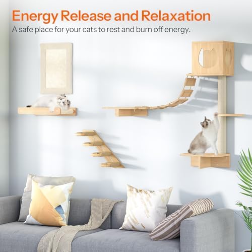 HOOBRO Wood Cat Wall Shelves, Plush Hammock, Scratcher and Climbing Shelves - Image 2