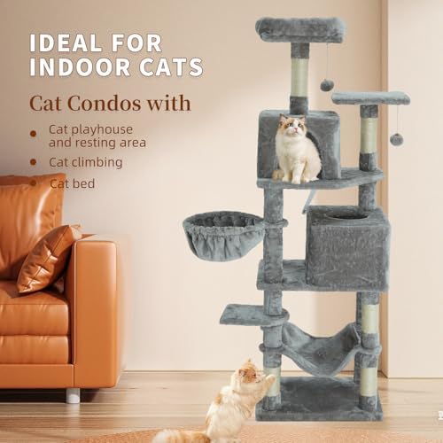 61 Inch Cat Tree with Platform & Hammock, Plush Perch Scratcher & Playhouse - Image 2