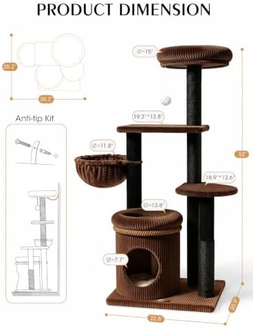 52" Cat Tree Tower for Large Cats, Modern Corduroy, Stable Base - Image 6
