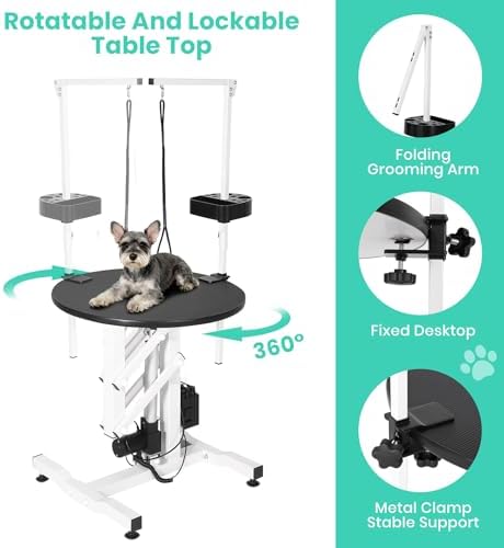Electric Hydraulic Lift Dog Grooming Table – 24 Inch Rotating Desktop, Overhead - Image 4