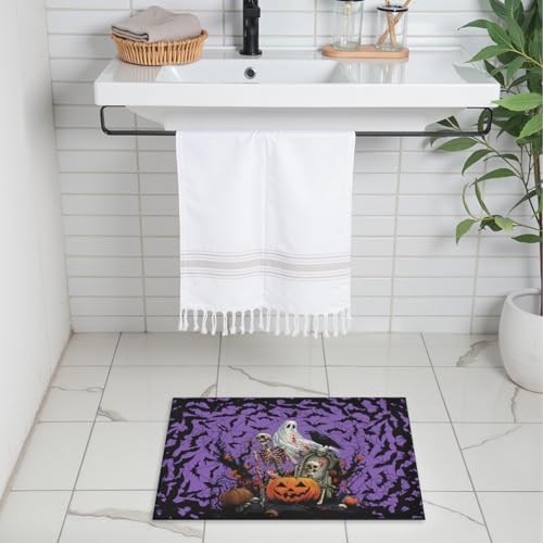 Giwawa Halloween Pumpkin Bath Rug Spooky Ghost Bat Bathtub Mat Washable Plush - Image 2