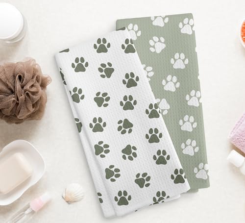 Dog Paws Dish Towel, Sage Green Kitchen Towels and Dishcloths Set of 2 - Image 2