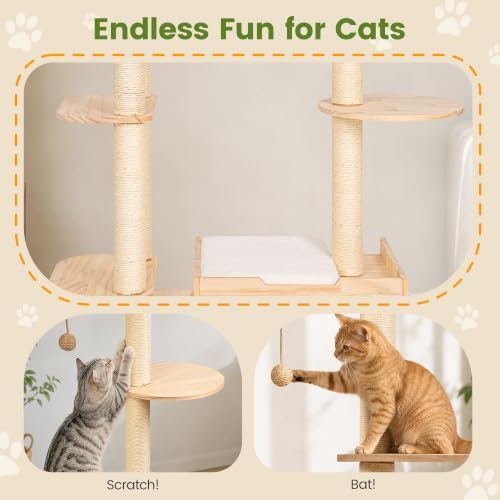 58-Inch Solid Wood Cat Tree for Indoor Cats, Tall Cat Tower, Double Tunnels - Image 6