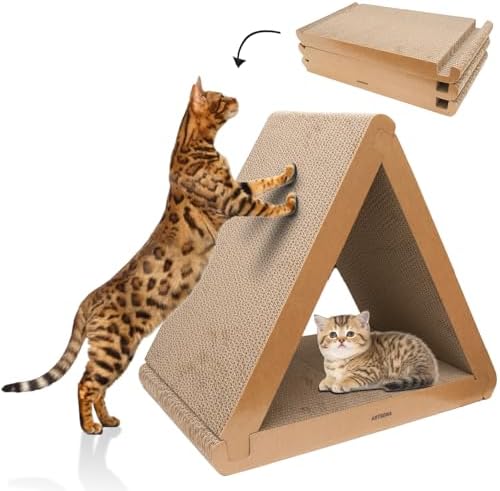 3 Pack Cardboard Cat Scratcher & Scratch Pad, Buildable Triangle Cat House w/ by ANGETRA