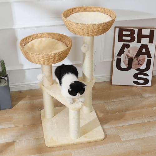 SHENGOCASE Cat Tree Tower with Rattan Wicker Basket, 2 Handwoven Large Nest - Image 5