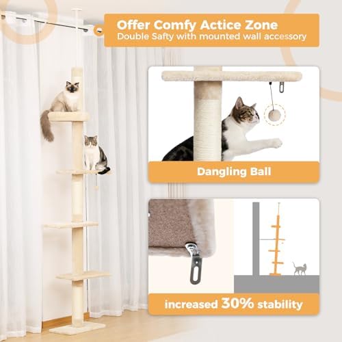 PETEPELA 5-Tier Floor to Ceiling Cat Tree, 95-107In Tall Cat Tower Beige - Image 5