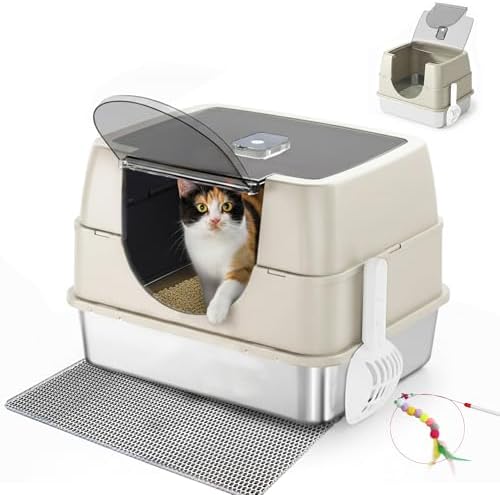 Enclosed Cat Litter Box with Flip-Top Lid, Stainless Steel Large Covered Litter by TehoaoWomensClothes