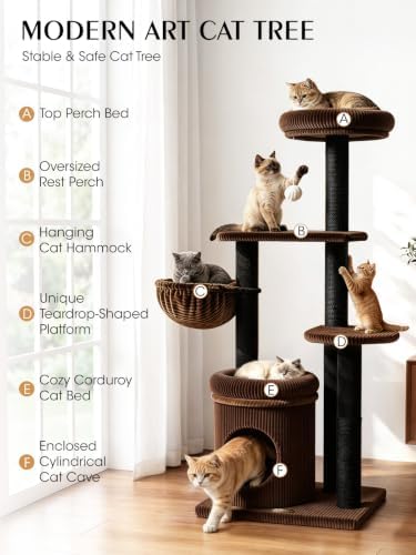 52" Cat Tree Tower for Large Cats, Modern Corduroy, Stable Base - Image 4