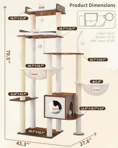 Heybly Cat Tree, 70.5" Wood Tall Cat Tower - Image 3