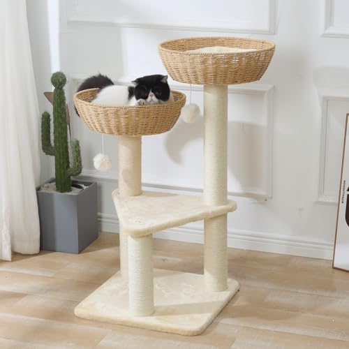 SHENGOCASE Cat Tree Tower with Rattan Wicker Basket, 2 Handwoven Large Nest - Image 3