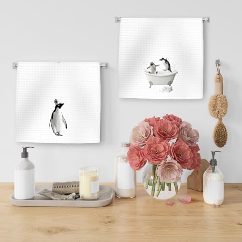 Funny Penguin Hand Towels Set of 2, Funny Penguins Take a Bath Hand Towels - Image 5