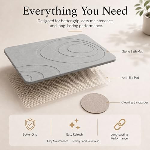 Stone Bath Mat for Bathroom, Diatomaceous Earth, Light Gray - Image 5