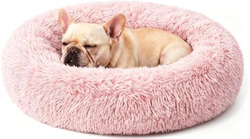 Calming Large Donut Dog and Cat Bed, Anti-Anxiety Round Soft Fluffy Plush Faux by Homeuslynn