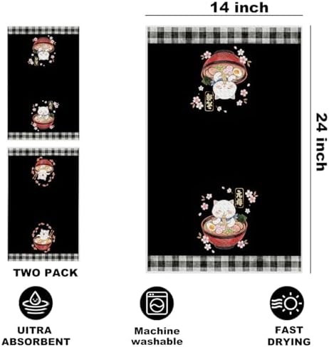 Hanamiya Na 2 Pcs Funny Japanese Cat Eating Ramen Kitchen Towels 24x14 Inch - Image 2