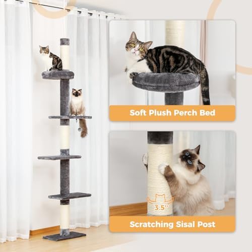 PETEPELA 5-Tier Floor to Ceiling Cat Tree, 95-107In Tall Cat Tower Grey - Image 4