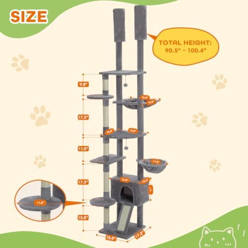 PEQULTI Floor to Ceiling Cat Tree, Height Adjustable 90.5-100.4'' - Image 3