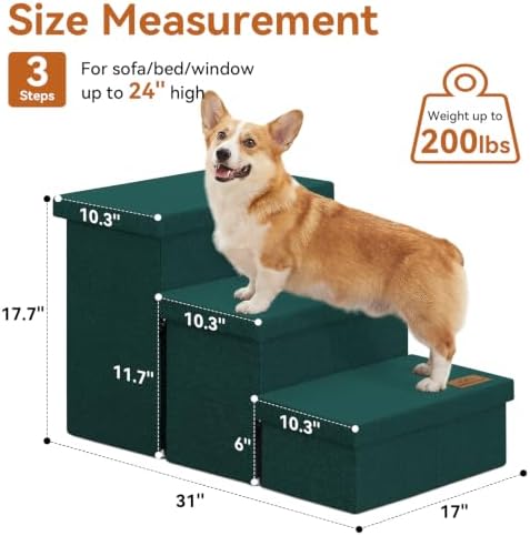 Zerbuger Dog Stairs with Storage, Dark Green 3 Steps Dog Ramp no Condo - Image 2